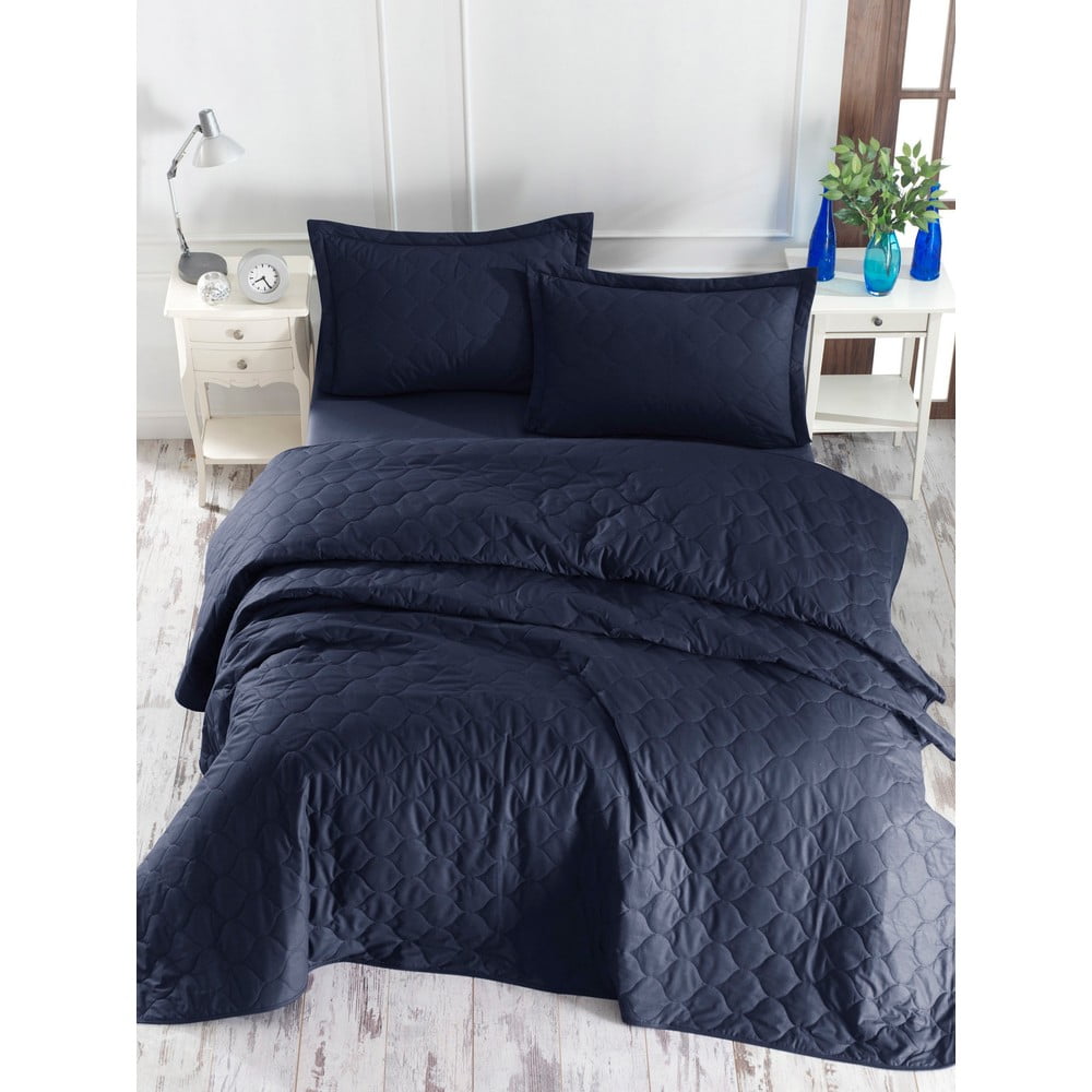Tmavomodrá prikrývka cez posteľ s 2 obliečkami na vankúš z ranforce bavlny EnLora Home Fresh 225 x 240 cm