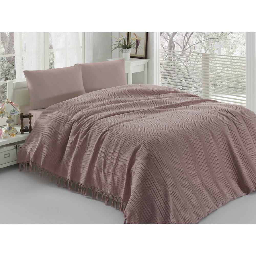 Hnedo-ružová ľahká prikrývka cez posteľ Pique 220 x 240 cm