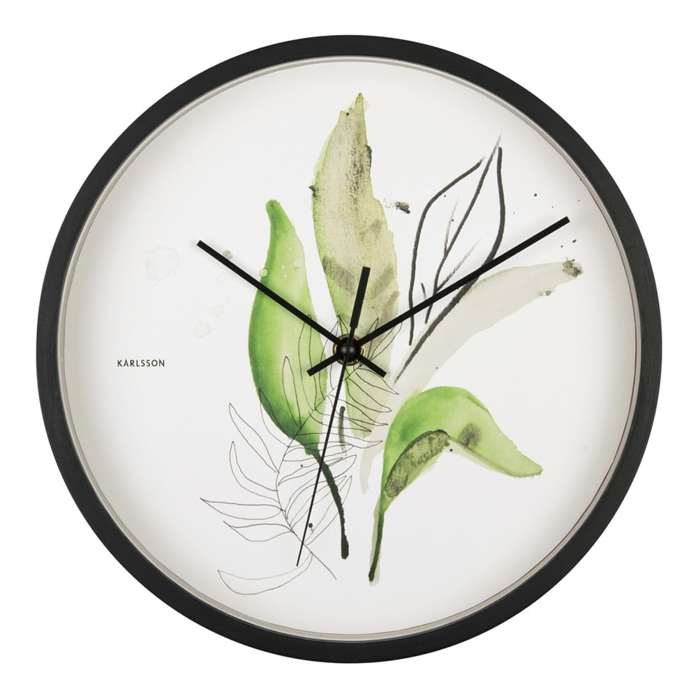 Zeleno-biele nástenné hodiny v čiernom ráme Karlsson Leaves ø 26 cm