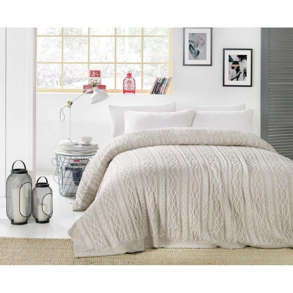 Sivobéžová prikrývka cez posteľ Knit 220 x 240 cm